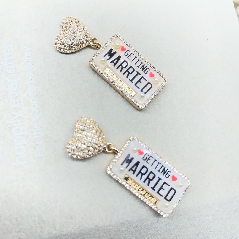 Baublebar Just Married Pave Imitation Pearl Heart & License Plate Drop earrings - Picture 2 of 6